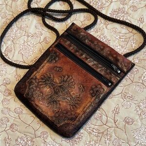 Vintage Brown Embossed Leather Crossbody Bag